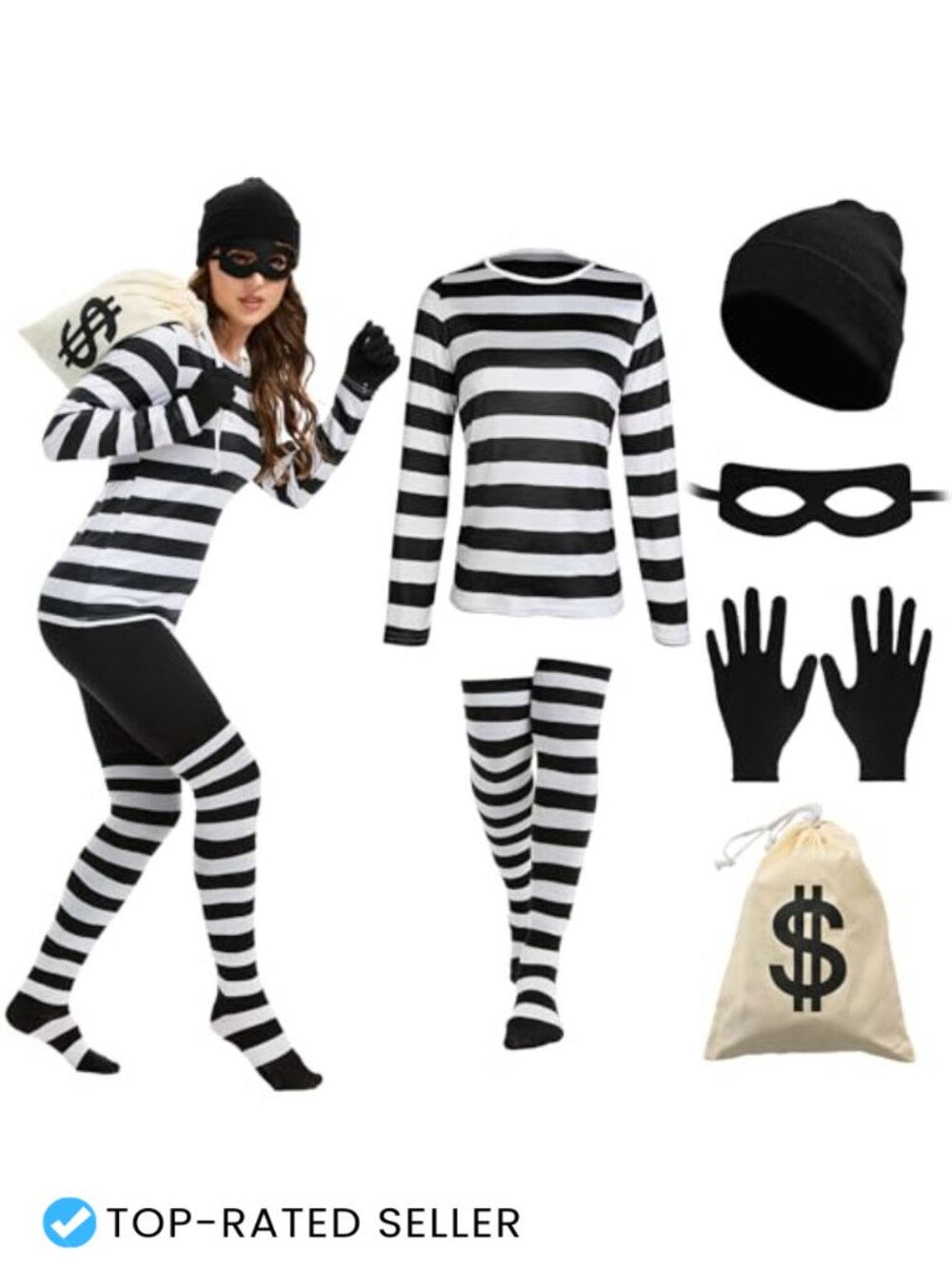 Women's 6-Piece Robber Costume Set Polyester Long Sleeve Striped Halloween